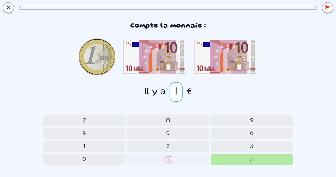 Capture d'écran d'un exercice sur la monnaie