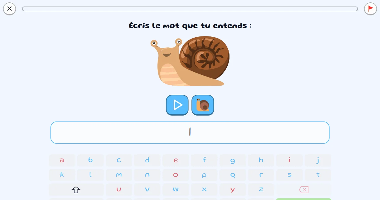 Capture d'écran d'un exercice de dictée de mot avec clavier visuel