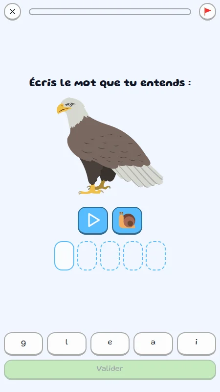 Capture d'écran d'un exercice de dictée lettre par lettre sur mobile