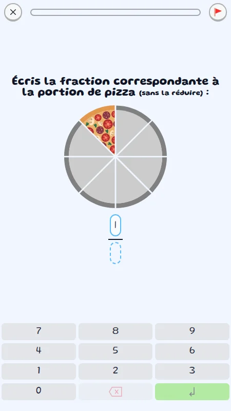 Capture d'écran d'un exercice sur l'apprentissage des fractions avec des parts de pizza