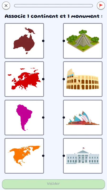 Capture d'écran d'un exercice de géographie pour associer les monuments et leur continent
